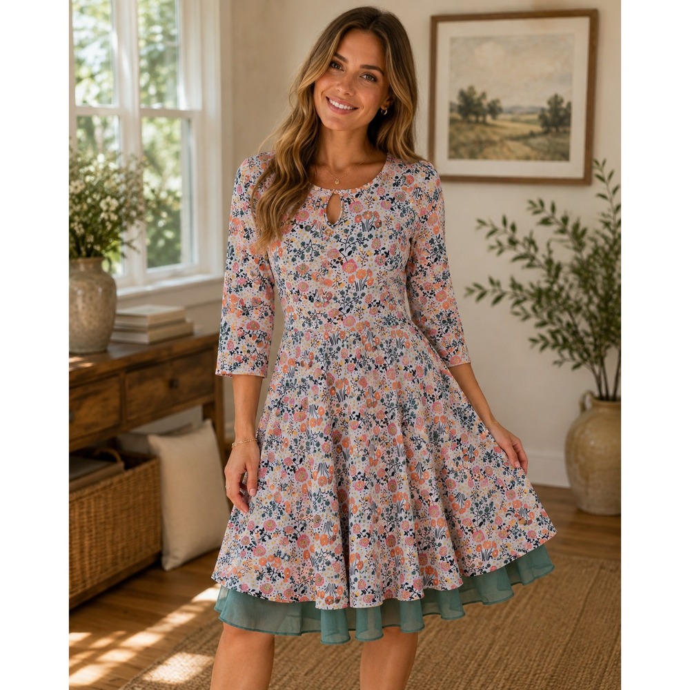 Matilda Jane Joanna Gaines Floral Fit Flare Dress 3/4 Sleeve Ruffle Hem Medium